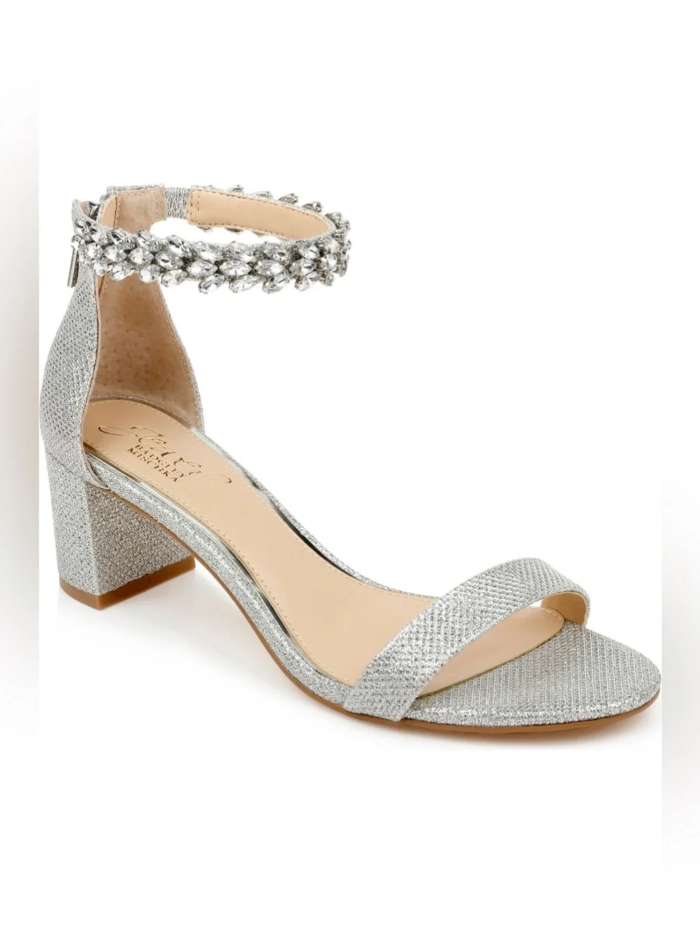 Jewel Badgley Mischka Silver Sparkle Ankle Strap Bradley Sandal Heels SZ 6